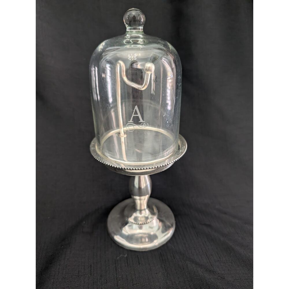 Pottery Barn Glass Cloche Silver Plate Jewelry Display Watch Monogram A - Picture 4 of 6